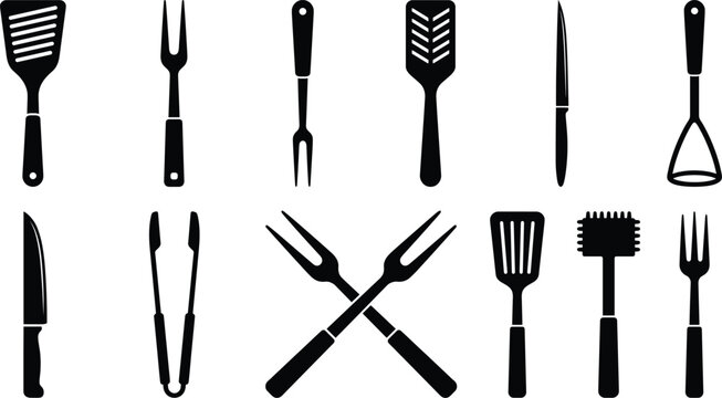 Minimal Black Kitchen Utensils Vector Set Including Forks, Spatulas, Knives, and Cooking Tools for Culinary Design