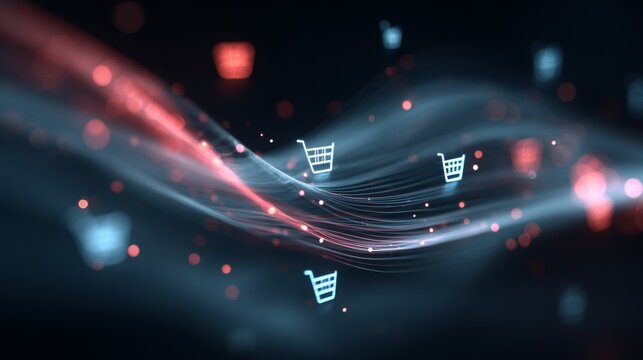 Futuristic background with shopping icons and glowing data streams