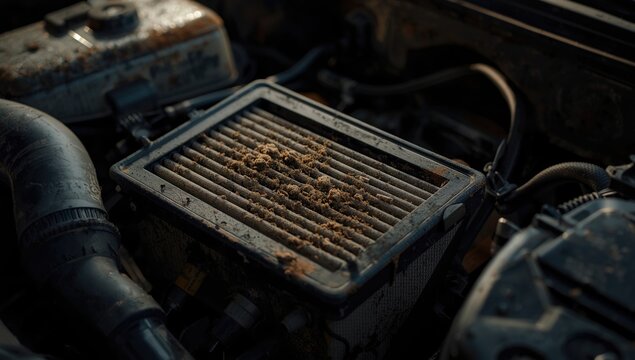 Car air filter filled with dust and dirt particles in a close engine compartment view