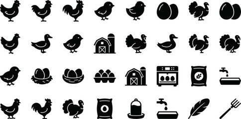 Poultry Farm Solid Icon Set with Chicken Rooster Duck Turkey and Egg Symbols Beside Barn House Incubator and Feed Sack Vector Graphic Designs © MDMAHADI