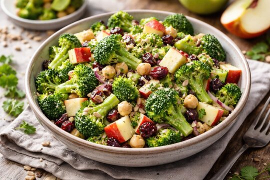 Refreshing low carbohydrate broccoli salad meal with plant based ingredients including apples