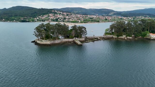 Aerial view of san simon and san anton islands in galicia spain