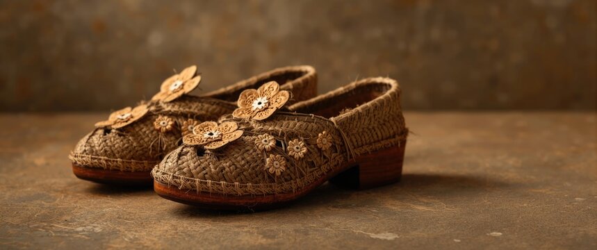 Artisan wooden shoes combining floral decoration and environmentally friendly raffia weaving