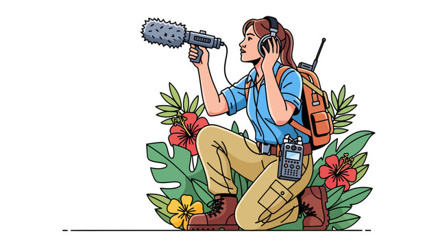 Field Sound Recordist Capturing Nature's Symphony: A dedicated sound recordist, equipped with a shotgun microphone and headphones, kneels amidst lush tropical foliage.