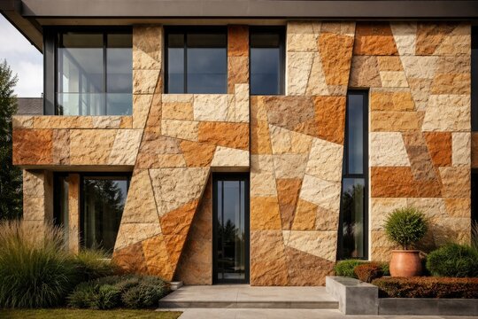 Decorative modern facade design with textured natural stone tiles in mixed orange and beige colors and shapes