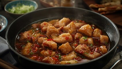 Fototapeta premium Sour Pork Dish with Chili Sauce Chinese Cuisine, Close-Up, Rich Colors