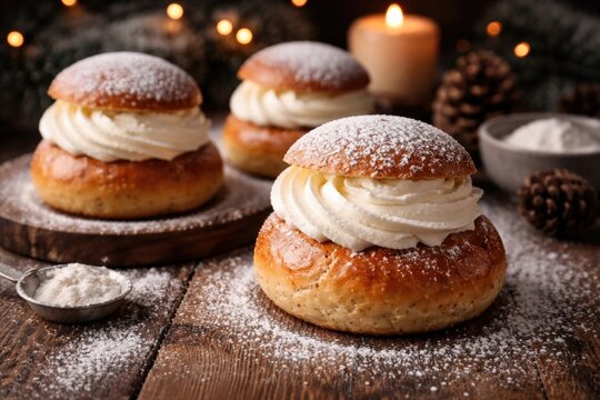 Delicious Scandinavian winter pastry featuring creamy semla filling