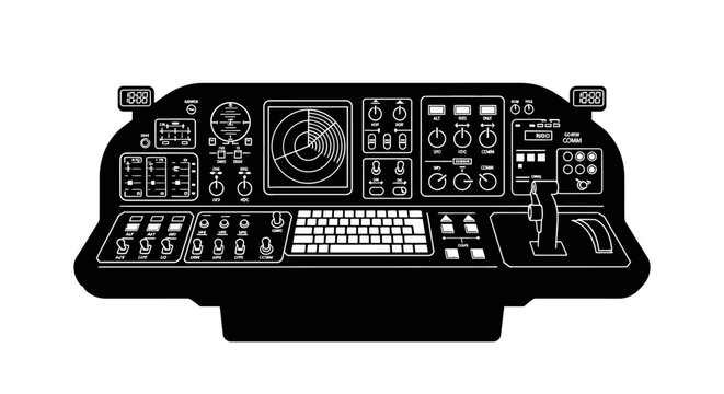 Black and white vector illustration of a futuristic spaceship control cockpit console.