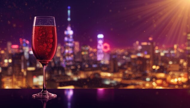 Glass of Grape Juice Against Lively City Skyline Nighttime Celebration, Warm Glow