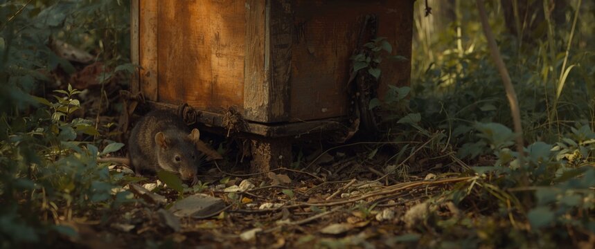 Brown rat searching for food by a natural wooden composter in forest area