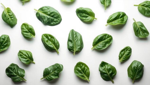 Bright and fresh baby spinach leaves displayed flat on a white studio background