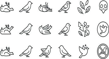 Fototapeta premium Dead and Alive Bird Icon Set with Skull Windows Collision Prevention Feathers and Prohibited Symbols for Wildlife Protection Awareness Graphic Designs