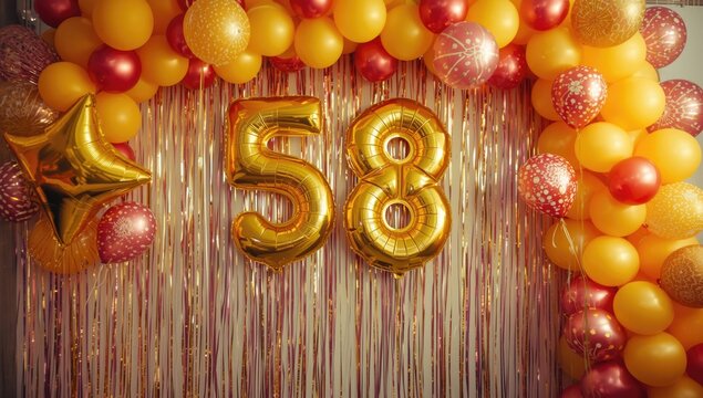 Golden 58 Balloon Arrangement Festive Birthday Decorations, Colorful Balloons, Vibrant Atmosphere