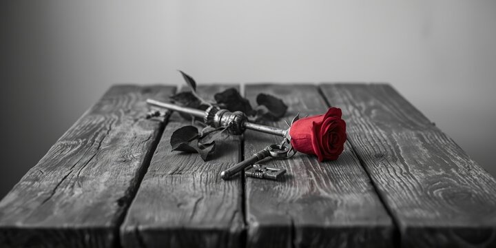 Aged wooden table with a red rose and metallic key in a black and white image symbolizing passionate love
