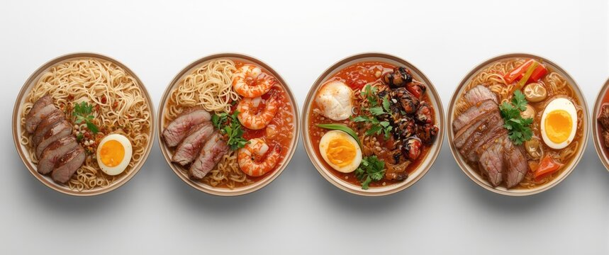 Array of Instant Noodles with Chicken, Beef, Egg, and Prawn Isolated on White Background, Vibrant and Appetizing