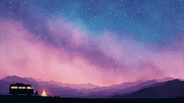 Dreamy watercolor composition of camper van under starry sky with mountains and campfire, featuring pastel tones and empty copy space. Excellent for posters, invitations, creative travel concepts