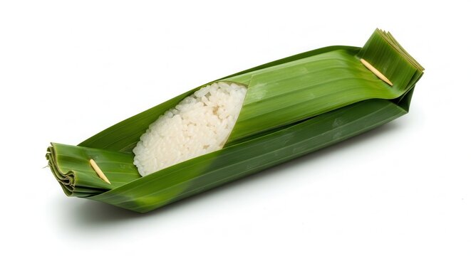 Arem-arem Indonesian Traditional Rice Cake Wrapped in Banana Leaf Isolated on White Background.