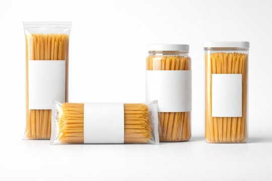 Varied plastic packaging samples holding spaghetti pasta on a simple white background for mockup