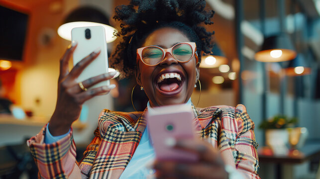 Confident businesswoman laughing with mobile phones in trendy workplace setting