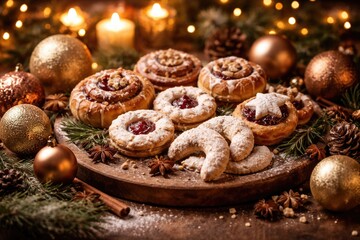Obraz premium Seasonal pastries set on a wooden serving board complemented by ornamental balls