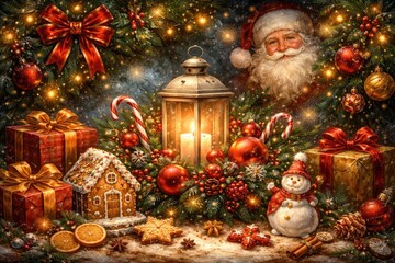 Obraz premium Seasonal holiday painting highlighting iconic Christmas designs and patterns