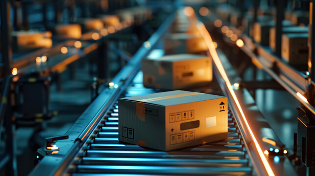 Automated conveyor system transporting freight packages in smart warehouse