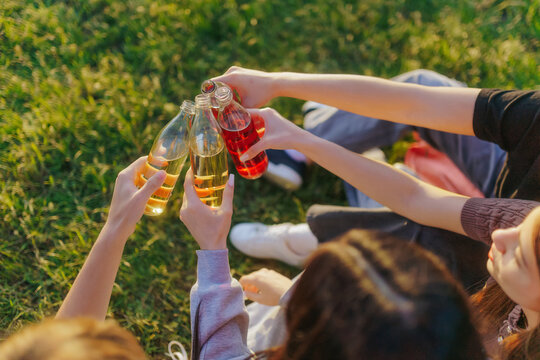 Close up shot of teenagers holding glass soda bottles during picnic toast.