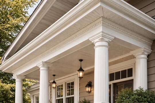 Vinyl soffit and fascia porch with custom crafted columns adorned by decorative crown moldings
