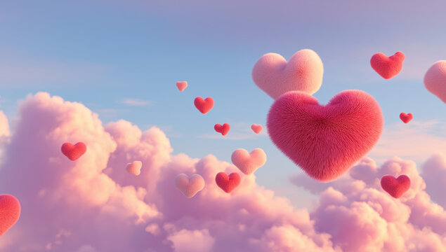 3d rendering of pink and purple and marroon heart-shaped clouds floating in the sky. valentine's day background with copy space, pastel color tone. love concept art. high resolutio
