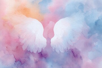 Fototapeta premium Watercolor illustration of angel soft wings on pastel background. Perfect for religious themes, greeting cards, spiritual design and Christian stationery projects