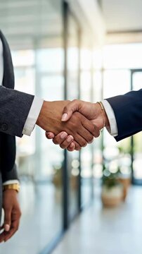 Businesswoman and businessman shaking hands in office. Professional agreement between partners. Corporate partnership, successful deal, networking and office greeting.