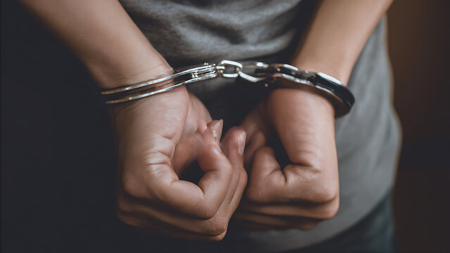 Close-up of a persons hands bound tightly with metal handcuffs.