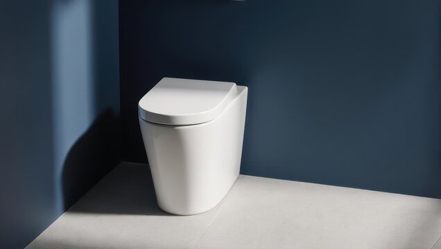 Modern, white, wall-mounted toilet in a clean bathroom with blue and gray tones