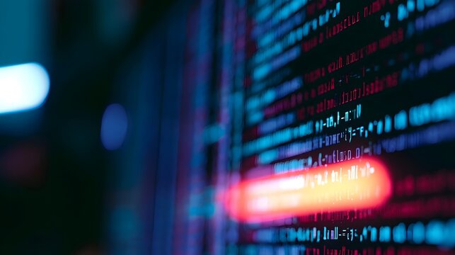 Abstract futuristic digital code flows across a blurred screen with vibrant neon blue and red light