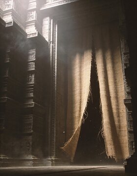 Cinematic shot of a massive incredibly thick woven temple veil violently ripping completely in half from the top down with dark copy space