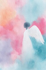 Obraz premium Delicate vertical watercolor composition angel with flowing soft wings on light pastel background with airy visual space. Ideal for church events, inspirational artwork, faith-based branding