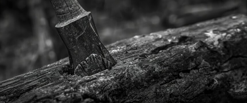 Black and white close up of axe head stuck in rough timber log
