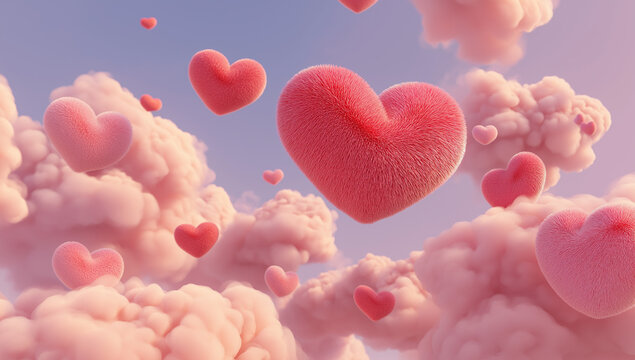 3d rendering of pink and purple and marroon heart-shaped clouds floating in the sky. valentine's day background with copy space, pastel color tone. love concept art. high resolutio