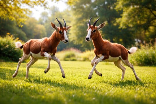 Summer day scene with lively blesbuck pets frolicking on dense green grass lawn full length shot