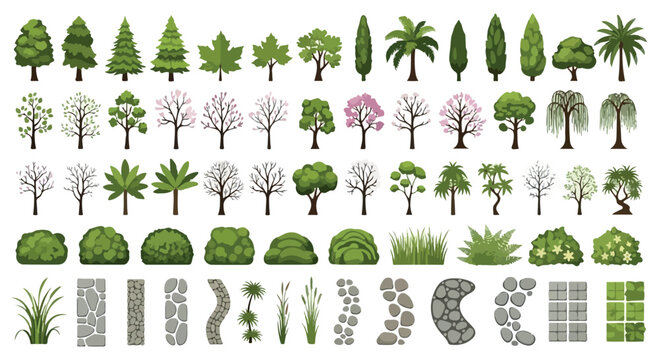 Landscape design elements top view, garden plan vector set with green trees and shrubs, architectural site map symbols for backyard planning