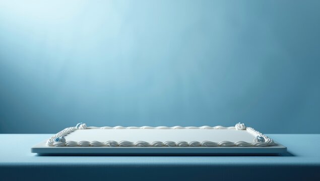 Announcement backdrop showing a flat cake sheet in white and blue hues