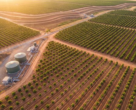 Golden hour aerial view of vast agricultural fields with neatly planted rows of trees and large water storage tanks, highlighting modern farming practices and irrigation systems under a warm glow