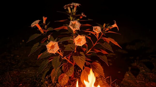 Datura flower bonfire night video showing a blooming trumpet plant illuminated by the warm, flickering orange glow of a campfire against a dark, pitch-black outdoor backdrop.