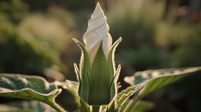 Datura flower bud video close up showing a white spiral unblown blossom wrapped in spiky green sepals, standing elegantly in a garden field under soft and warm morning sunlight.