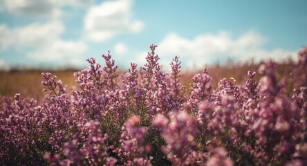 Obraz premium Blooming heather fields with purple and pink flowers in full summer view