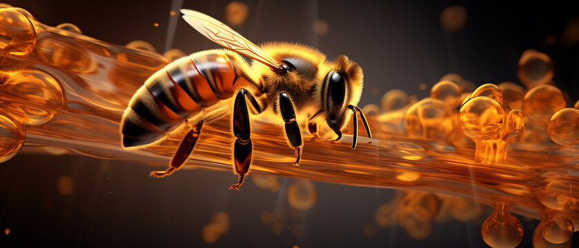 Honey bee with golden honey drops on a wooden surface