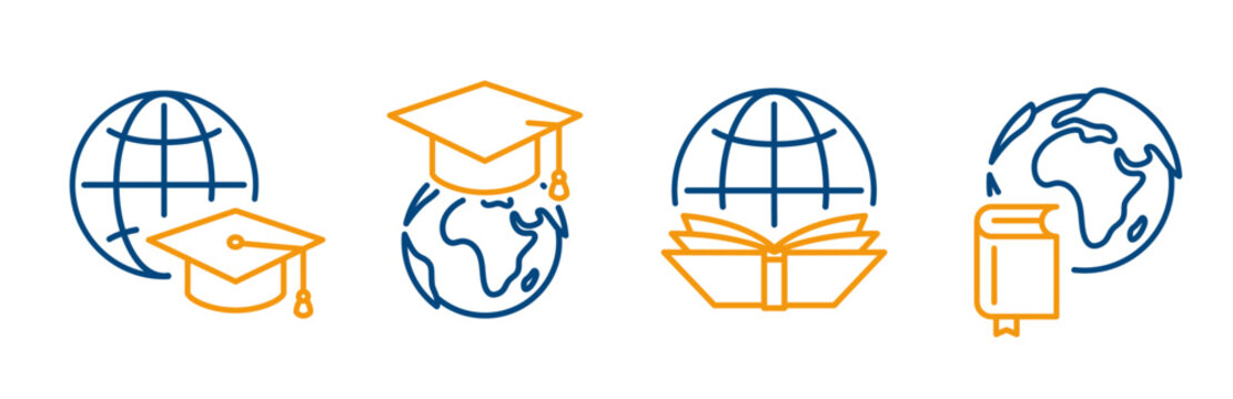 outline icons set, including book with globe, globe and graduation cap, education for all, international learning, editable stroke line icon