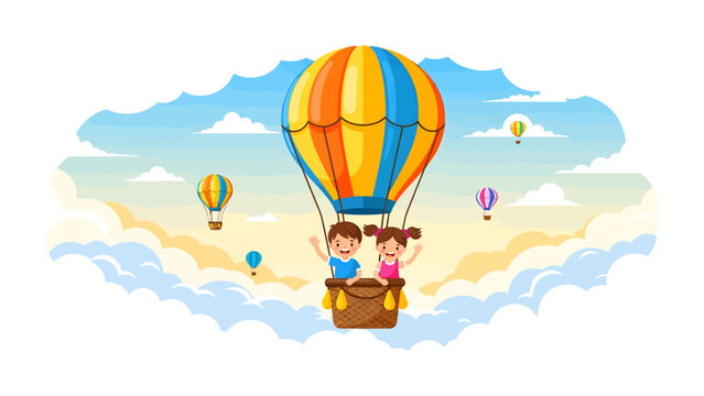 Children in Hot Air Balloon: Two cheerful children experience the joy of flight as they ride in a colorful hot air balloon, surrounded by clouds and other balloons in a whimsical sky scene.