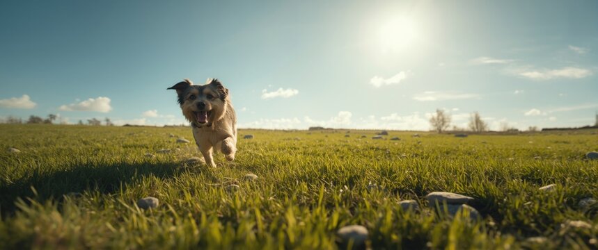 Cheerful pet bounding through a green lawn thick with grass and small rocks beneath a clear blue sky