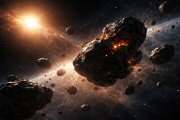 Obraz premium Solar illuminated rocky asteroids in deep space